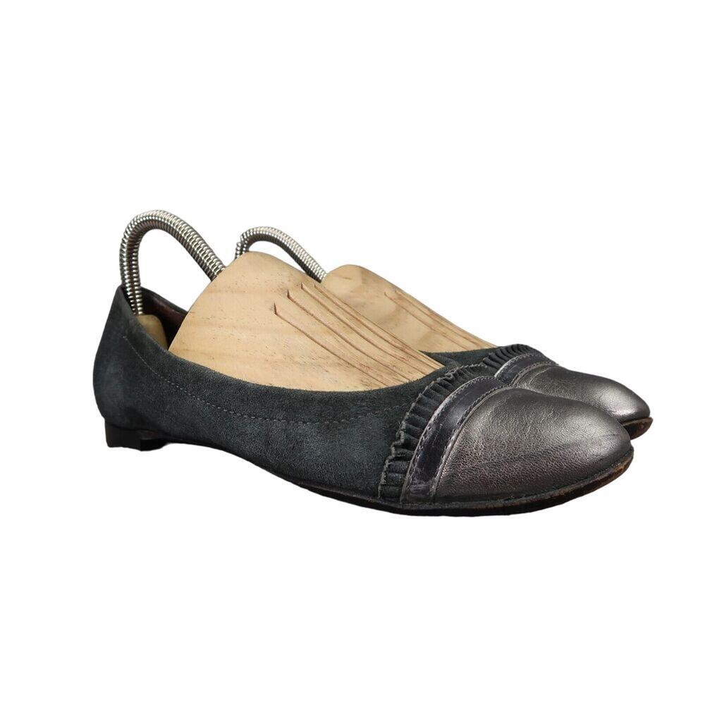 AGL Shoes Womens 36.5 Ballet Flats Ruffle Cap Toe Leather Metallic Fashion Grey
